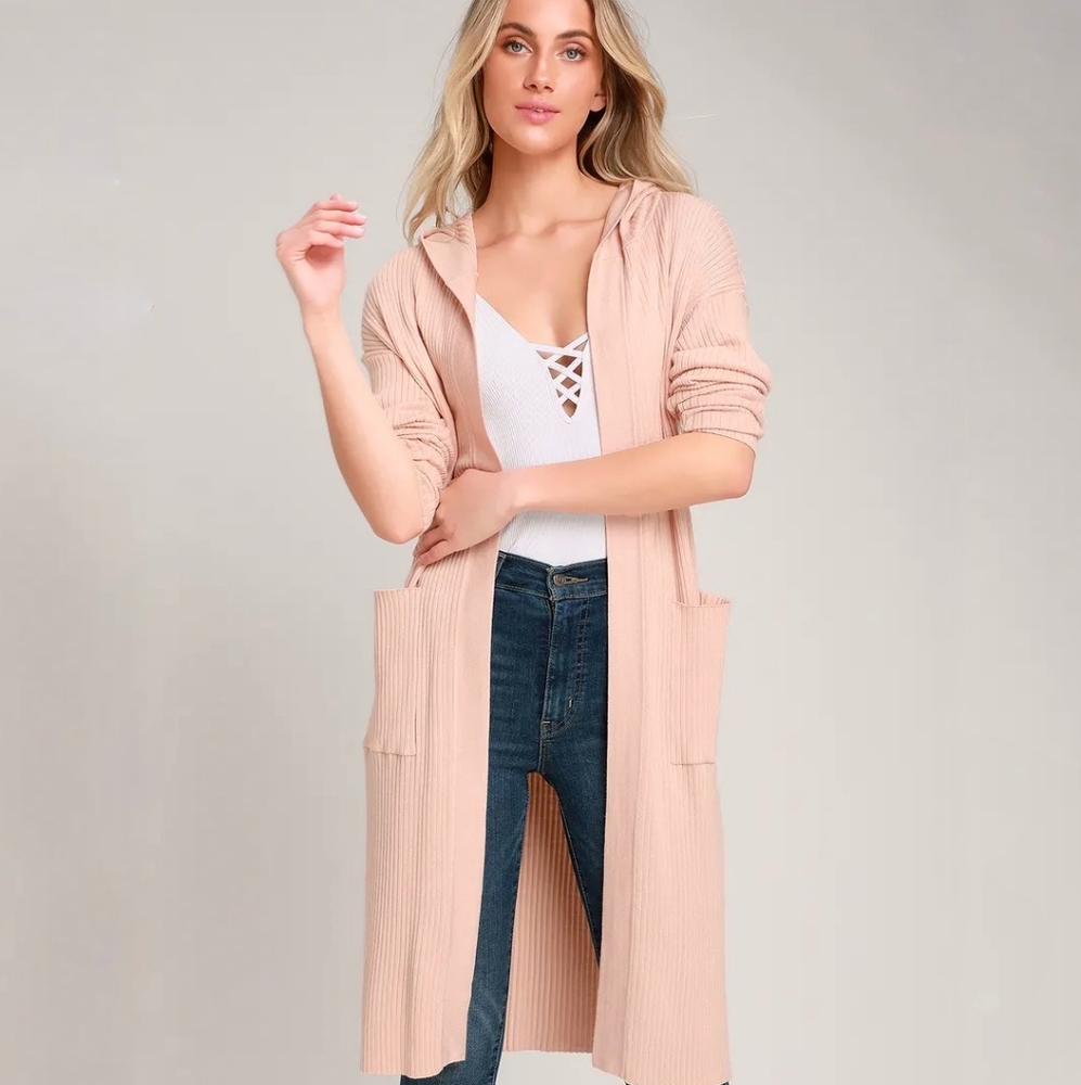 Lulu's Becket Blush Ribbed Hooded Long Cardigan S